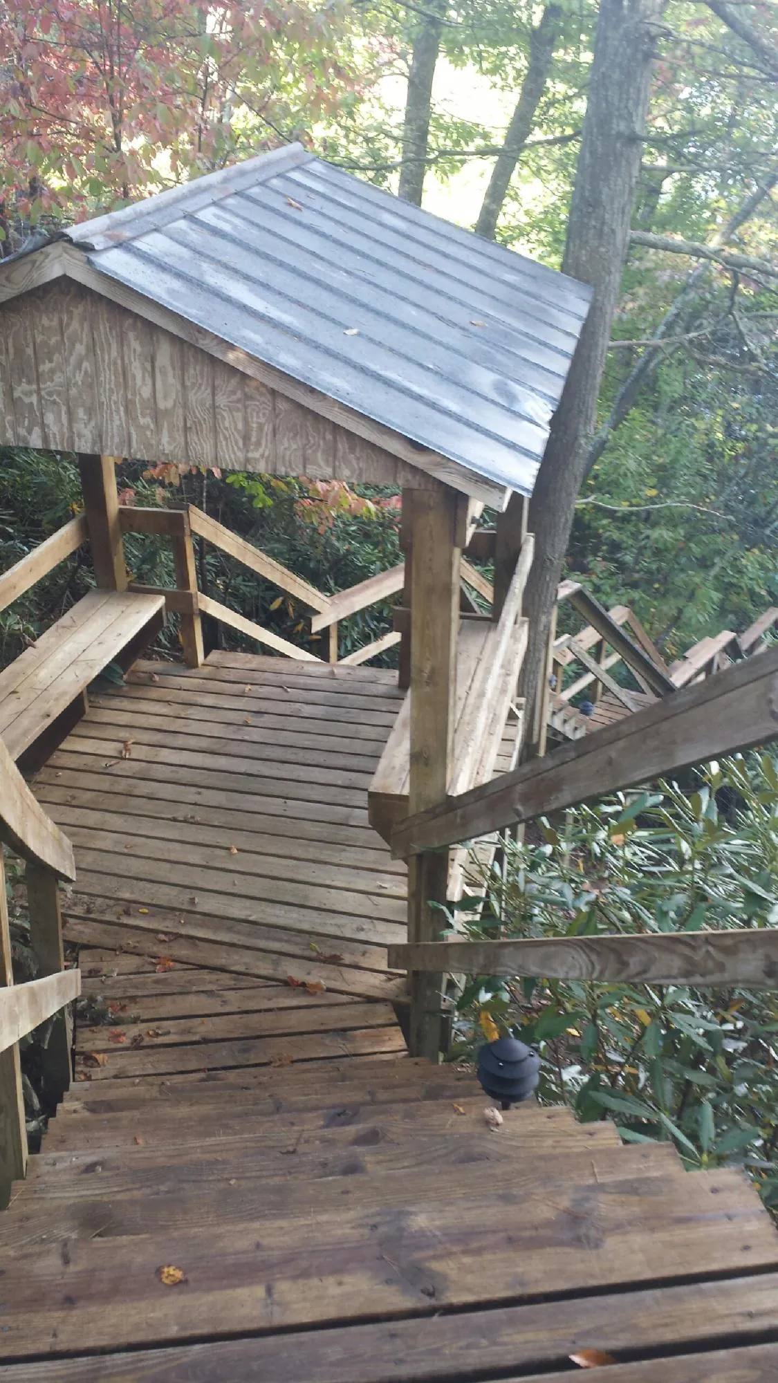 Metal roofed shelter over wooden steps on a wooded walkway — Skylight Repair & Installation work by our crew in Rising Sun